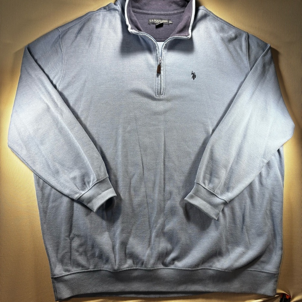 U.S. Polo Assn. Men's Blue Zip-Up  Ribbed Cotton Leather Pull Sweater Sweatshirt